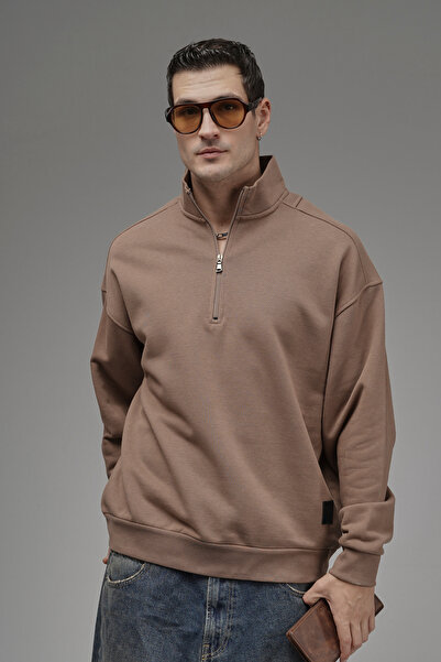 Butik Trend Biz Mock Neck Zippered Embroidered Back Oversized Sweatshirt