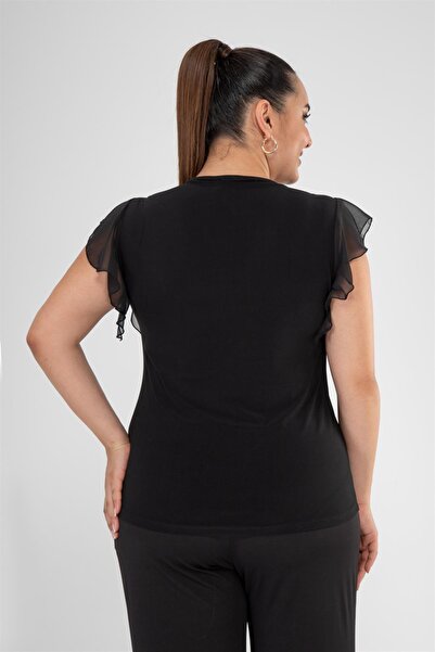 Roxxlen Γυναικεία μπλούζα σιφόν μεγάλου μεγέθους συνδυασμός υφασμάτων Μαύρη 111398