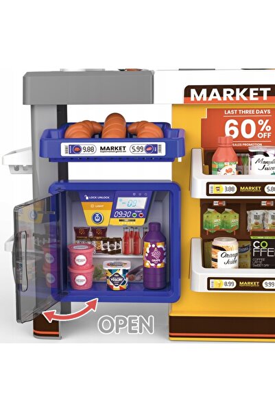 Matadi Yellow/Purple interactive supermarket set with trolley and 65 accessories included, refrigerator, grocery store
