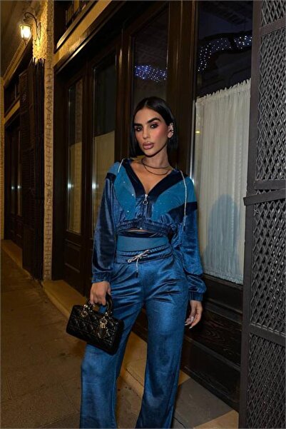 Neşeli Butik Women Velvet Fabric See-Through Detail Crop Jacket Design Tracksuit Set Nbdf140