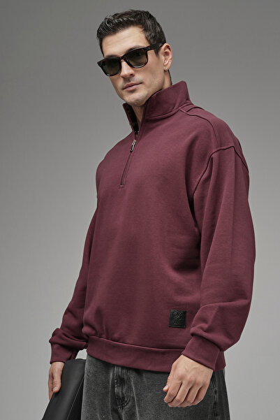 Butik Trend Biz Mock Neck Zippered Embroidered Back Oversized Sweatshirt