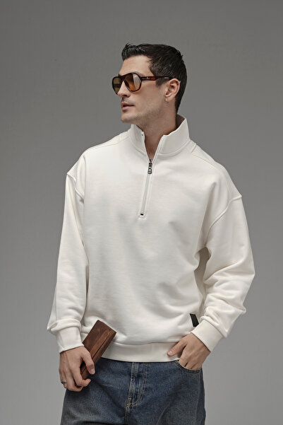 Butik Trend Biz Mock Neck Zippered Embroidered Back Oversized Sweatshirt