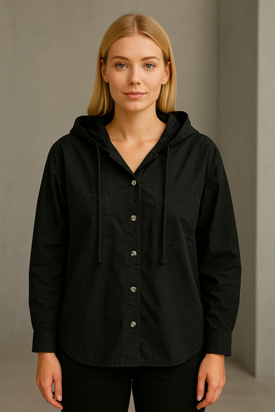 TUSSE Women's Regular 100% Cotton Solid Color Button down and Side Pockets Hooded Plus Size Jacket Shirt