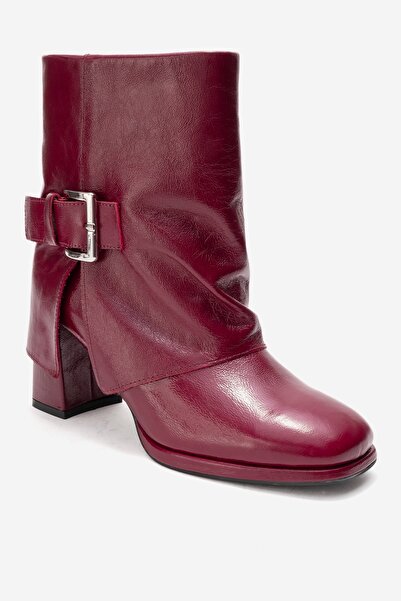 LuviShoes Lore Burgundy Wrinkled Patent Leather Genuine Leather Buckle Women's Heeled Boots