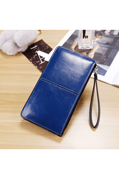 CRM Women's leather wallet, blue, CRM, with zipper, card and coin compartments, 21 x 11.5 cm