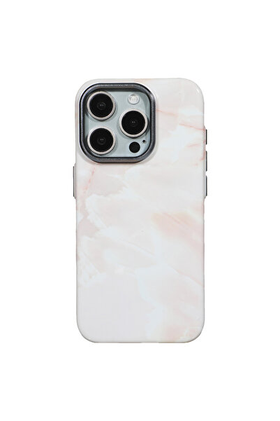 Casen iPhone 14 Pro Uyumlu MagSafe Lüks Premium Pembe Beyaz Mermer Darbe Emic...