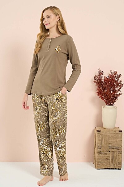 REMSA Γυναικείο Σετ Πιτζάμες Χτενισμένο Βαμβακερό Μακρυμάνικο 3210 Χακί