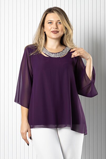 SUBU TASARIM Μπλούζα με λεπτομέρεια από σιφόν με λαιμόκοψη μωβ TBS970