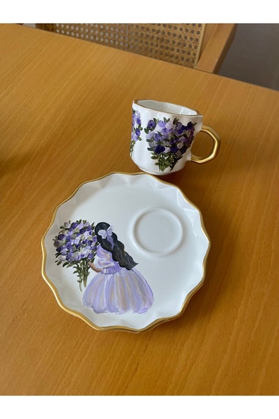 Stories طقم أكواب هدايا بتصميم خاص مرسوم يدويًا بزهور أرجوانية للفتيات