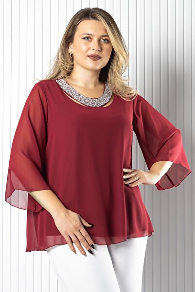 SUBU TASARIM Μπλούζα με λεπτομέρεια από σιφόν με λαιμόκοψη μπορντό TBS970