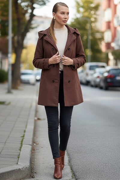 Mothermood Yaka Detaylı Büyük Düğmeli Kaşe Kahverengi Kaban