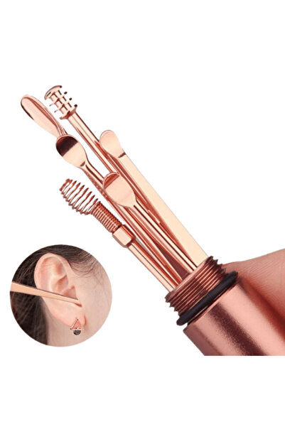 CRM Set of 6 ear cleaning and hygiene accessories, CRM, portable case, rose-gold