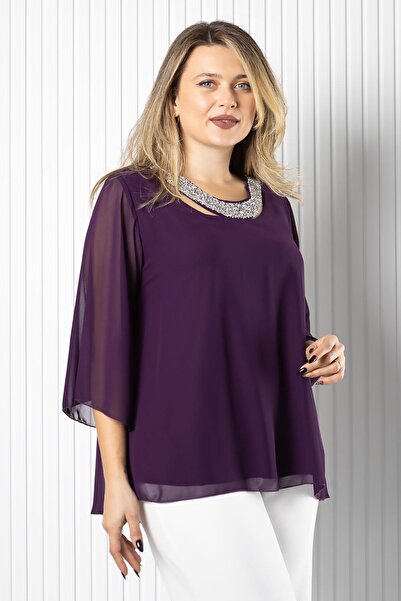 SUBU TASARIM Μπλούζα με λεπτομέρεια από σιφόν με λαιμόκοψη μωβ TBS970