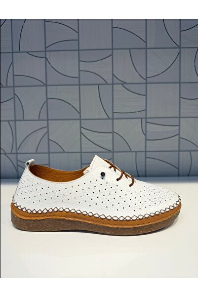 Anıl Ayakkabı Napa 8208 Pantofi sport casual pentru femei, alb, din piele naturală, cu detaliu de șireturi din cauciuc