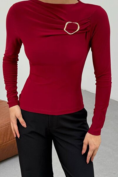 VAGGON Women's Red Buckled Draped Long Sleeve Blouse Vs01666
