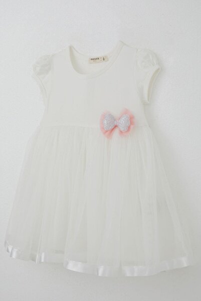 Breeze Girl's Dress with Tulle and Glitter Bow Accessory, Ages 2-6, Ecru