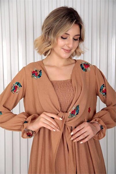 Neşeli Butik Women's Embroidered Midi Length Linen Dress Ddc001