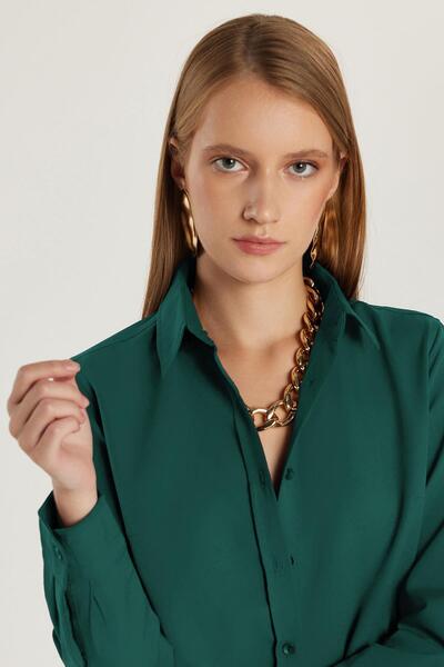 Tudors Women's Slim Fit Slim Fit Long Sleeve Cotton Bodycon Textured Green Basic Shirt