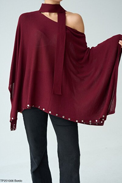 ebru akten butik Kadın Fularlı Omzu Açık Oversize Panço Kazak