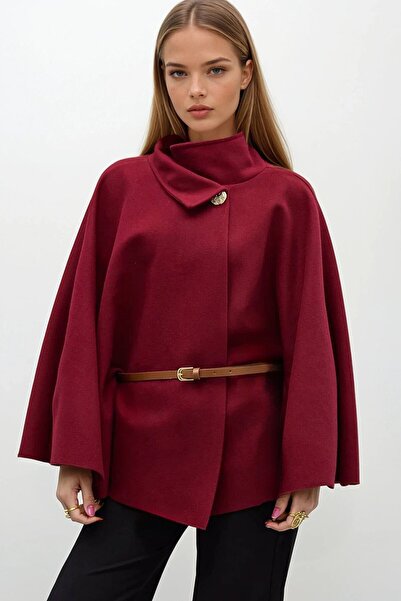 VAGGON Women's Burgundy Gold Buttoned Belted Cashmere Poncho Vs01678