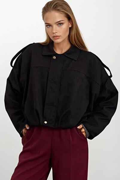 VAGGON Γυναικείο μπουφάν με μαύρη ζώνη με λεπτομέρεια με φερμουάρ και επένδυση Bomber Suede Vs01670