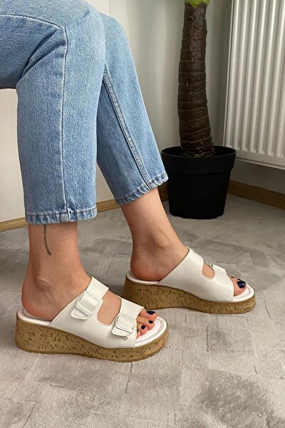 asmi shoes Women's Nora White Double Tape Thick Cork Sole Orthopedic Sandals Slippers K-270