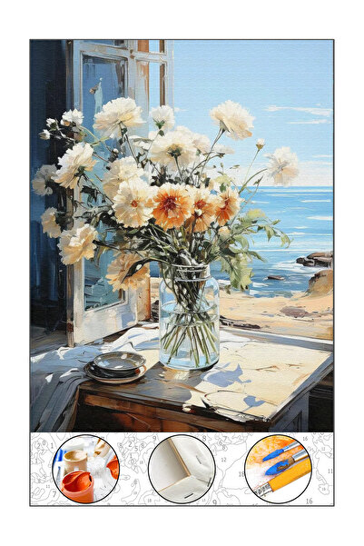 abbara Sayılarla Boyama Hobi Seti Çerçeveli Tuval Fırça Boya Dahil Kasnaklı 40x50 Cm Denize Açan Çiçek