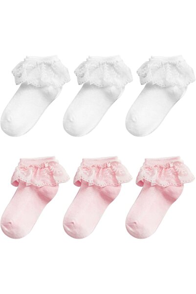 Generic جوارب نالاكال القطنية للكاحل من الدانتيل المكشكش للبنات، 6 أزواج، للأ...