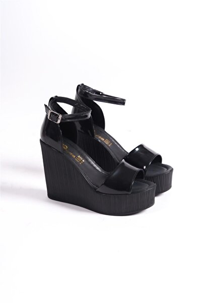 asmi shoes Women's Verla Black Patent Leather Single Band High Wedge Sole Shoes