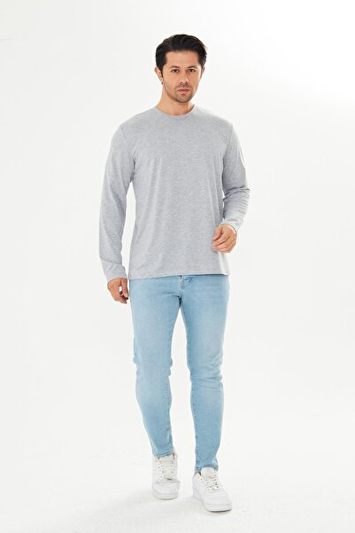 TRENDHİLL Ανδρικό βαμβακερό μπλουζάκι με μακρυμάνικο λαιμόκοψη γκρι μελανζέ 5020-G