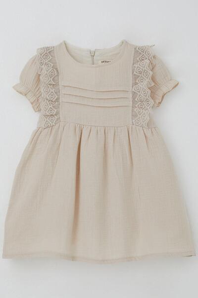 Breeze Baby Girl Dress with Guipure Detail on the Shoulder, Elastic Sleeves, 9 Months-3 Years, Beige
