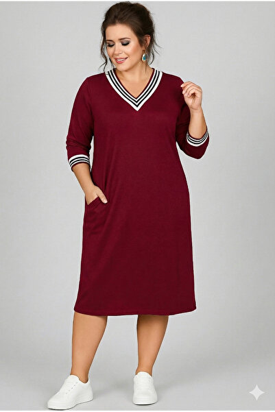 Curvy Trend Plus Size Collar and Sleeve Tip Stripe Long Sleeve Viscose Dress