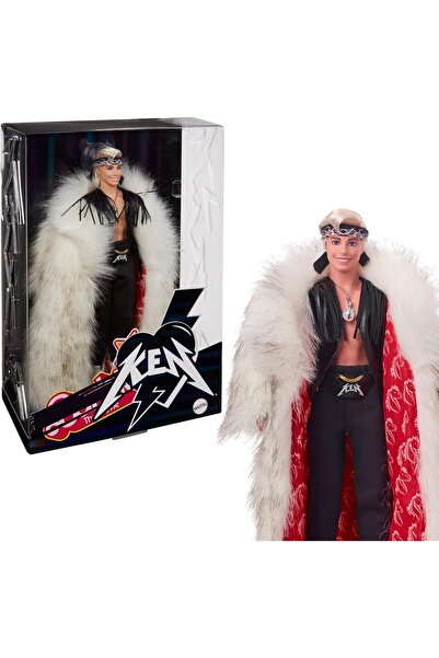 Barbie The Movie Collectible Ken Doll Wearing Big Faux Fur Coat and Black Fringe Vest with Bandana