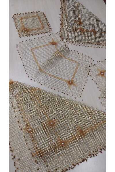 Papatyam 100 × 100 2 قطعة غطاء طاولة فيسكو 30 × 60 2 قطعة غطاء طاولة قهوة 25 × 25 3 قطعة مناديل مربعة للصالون