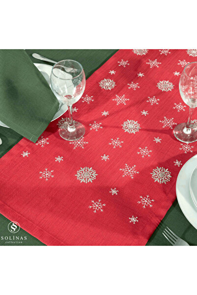 Solinas Collection Mila Gardenya Fabric 14 Piece Green Tablecloth Embroidered Runner and Red Napkin