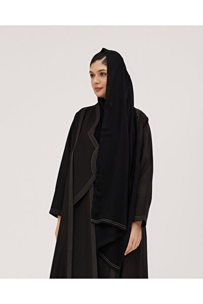 SOROSE SA عباية كريب نص كلوش بياقة مميزة وتطريز بيج – لون أسود