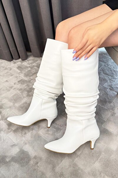 asmi shoes Γυναικείες μπότες με τακούνι Tamara White Skin με μυτερή μύτη