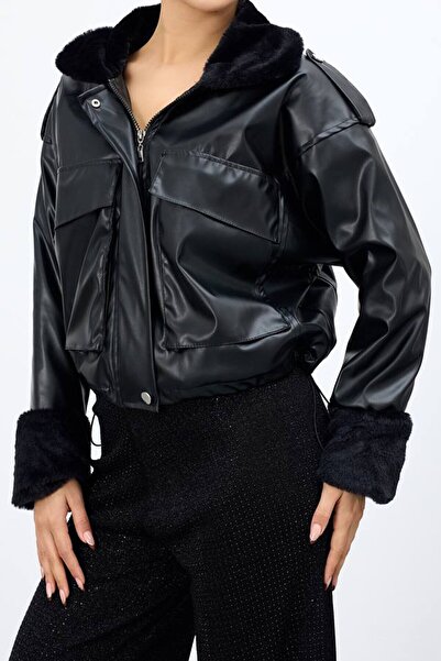 VAGGON Women's Black Plush Faux Leather Jacket with Zippered Sleeves and Collar Vs01675