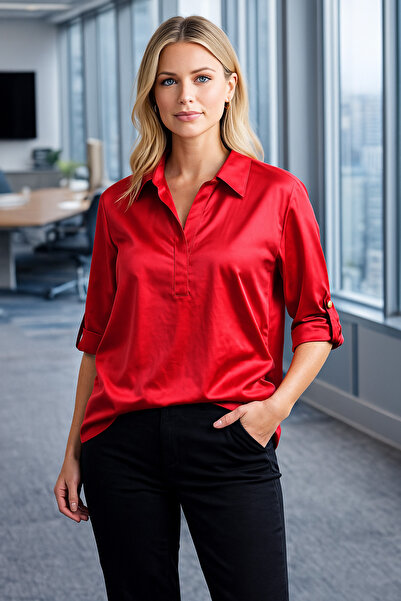 TUSSE Elegant Women's Cotton Satin Blend Three Quarter Sleeve Classic Plus Size Office Shirt