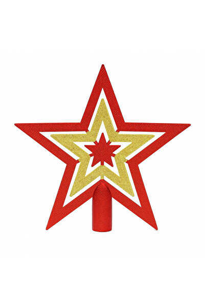 OEM Tree topper star in red with gold inner star, glitter design, 18x17 cm