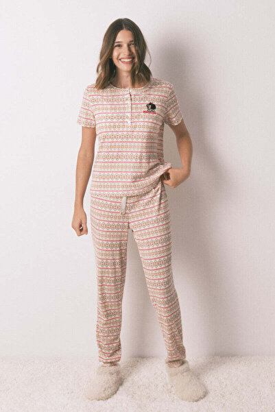 Women'secret Long waffle-textured plush pajamas with borders Mafalda
