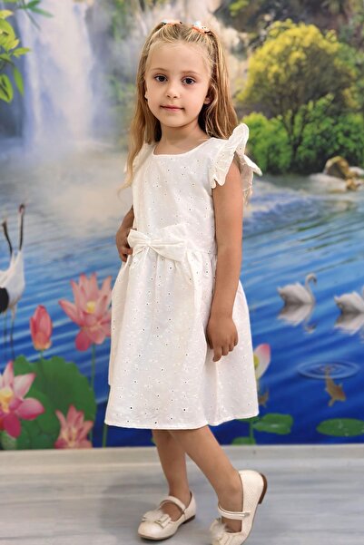 Breeze Girl's Dress with Floral Embroidery and Bow Accessories, Ages 2-6, Ecru