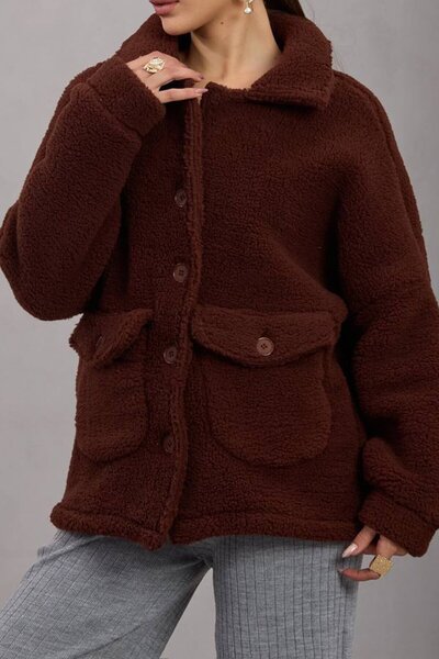 VAGGON Women's Brown Double Pocket Button Closure Plush Jacket Vs01671