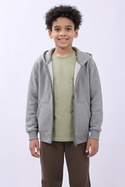 Perendi Unisex Παιδική ζακέτα με με κουκούλα φερμουάρ – Γκρι μελανζέ Άνετο και κομψό casual τοπ