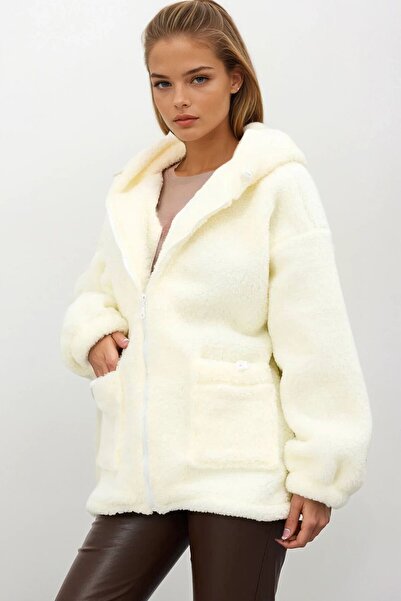 VAGGON Women's Cream Double Pocket Zipper Closure Hooded Plush Jacket Vs01682