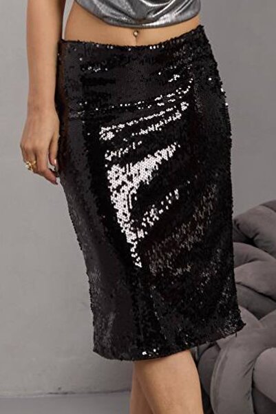 VAGGON Fusta midi neagră cu fermoar și paiete pentru femei Vs01683
