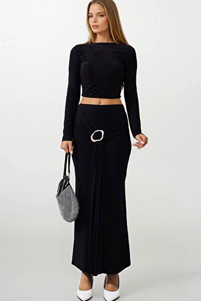 VAGGON Women's Black Draped Long Sleeve Blouse and Buckle Detailed Skirt Set Vs01667
