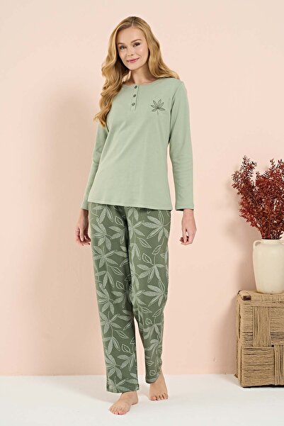 REMSA Women's Combed Cotton Long Sleeve Pajama Set 3201 Green01