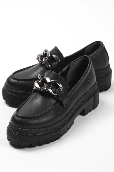 asmi shoes Women's Leo Black Chain Buckle Thick Sole Loafer Moccasin Shoes