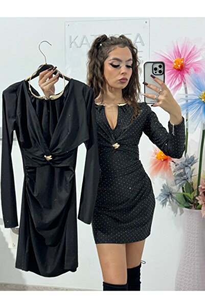 KATYDEA STORE Bella Mini Elegant Dress with Stamped Crystals – Black